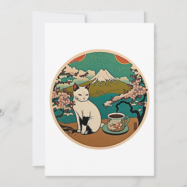 Carte De Remerciements No 01, Happy Hawaiian Lucky Cat Boire Café (Devant)