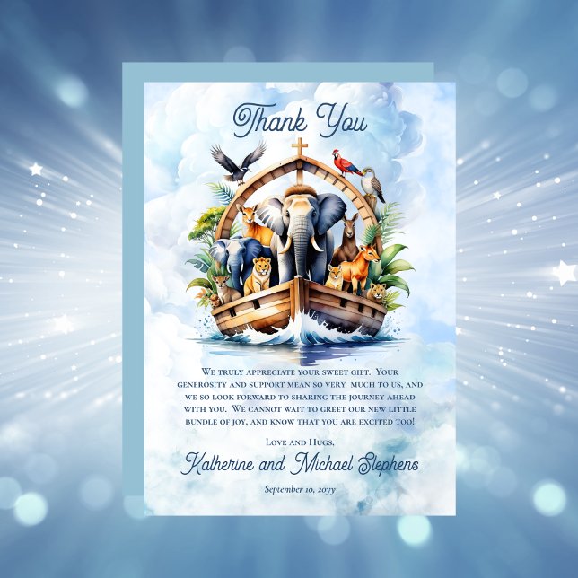 Carte De Remerciements Noah's Ark Cute Animals Blue Boy Baby shower (Noah's Ark Cute Animals Blue Boy Baby Shower Thank You card)