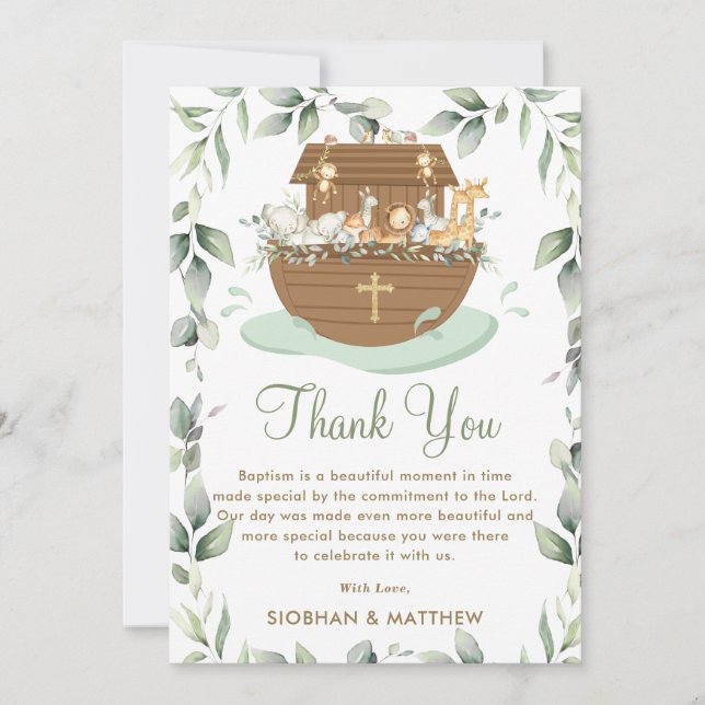 Carte De Remerciements Noah's Ark Greenery Baptism Christening Neutral (Devant)