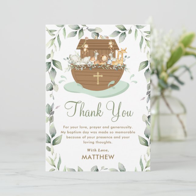 Carte De Remerciements Noah's Ark Greenery Baptism Christening Neutral (Debout devant)