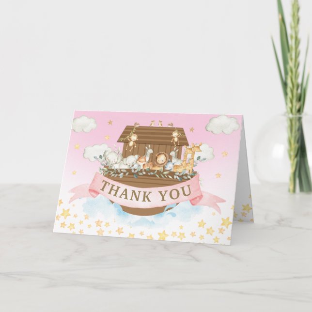 Carte De Remerciements Noah's Ark mignonne Animaux Fille Baby shower d'an (Devant)