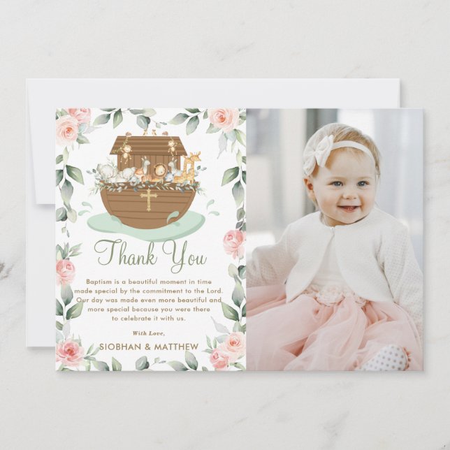 Carte De Remerciements Noah's Ark rose Floral Girl Baptism Christening (Devant)