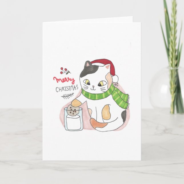Carte De Remerciements Noël 3 Chat tremper un biscuit dans le lait Noël (Devant)