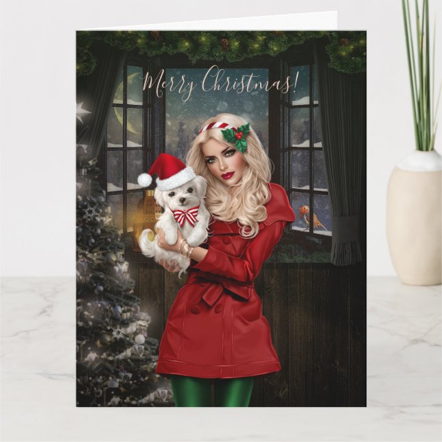 Carte De Remerciements Noël Belle Fille Avec Mignonne Chiot (Devant)