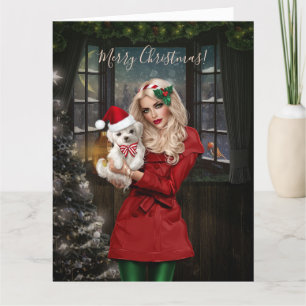 Carte De Remerciements Noël Belle Fille Avec Mignonne Chiot
