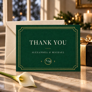 Carte De Remerciements Noël Black Tie Émeraude Vert & Or Monogramme