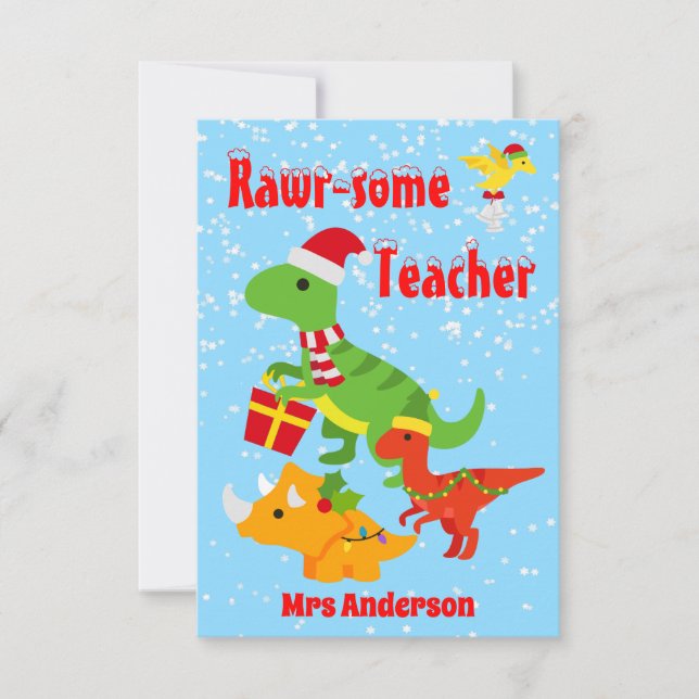 Carte De Remerciements Noël Enfants Dinosaur Plat Appréciation Enseignant (Devant)