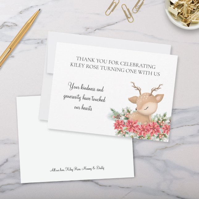 Carte De Remerciements Noël Poinsettia Little Deer Anniversaire (Cute Christmas Poinsettia Little Deer Theme Thank You Cards with Personalized Signature)
