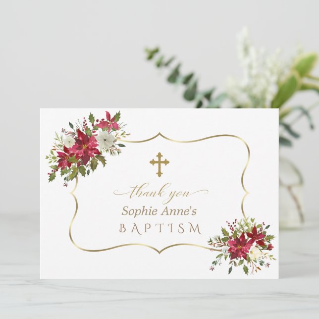 Carte De Remerciements Noël Rouge Blanc Poinsettia Baptême (Debout devant)