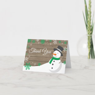 Carte De Remerciements Noël rustique d'hiver vert Bonhomme de neige
