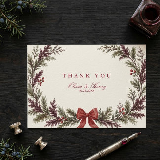 Carte De Remerciements Noël Verdure Rouge et Verte Élégant Mariage
