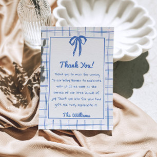 Carte De Remerciements Nœud à carreaux bleu dessiné à la main Baby Shower