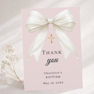 Carte De Remerciements Nœud de baptême poussiéreux rose blush ivoire perl