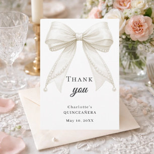 Carte De Remerciements Nœud de Quinceanera blanc perles d'ivory