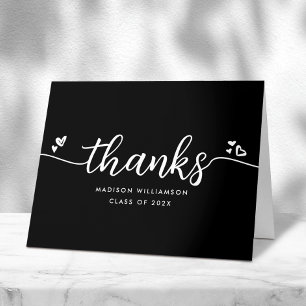 Carte De Remerciements Noir Blanc Graduation Chic Moderne Coeurs Script
