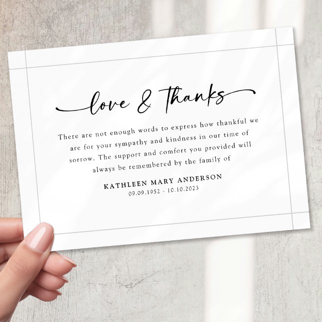 Carte De Remerciements Noir Blanc Simple Script Funérailles (Créateur téléchargé)