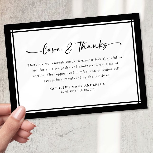 Carte De Remerciements Noir Blanc Simple Script Funérailles (Créateur téléchargé)