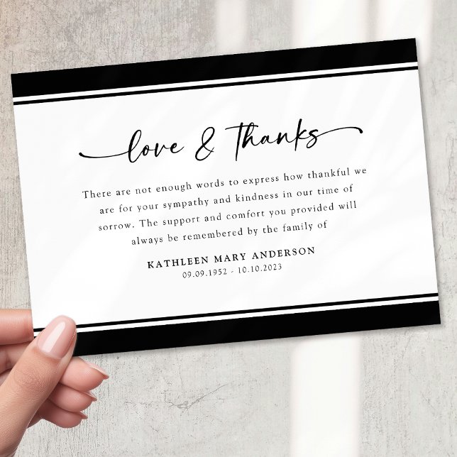 Carte De Remerciements Noir Blanc Simple Script Funérailles (Créateur téléchargé)