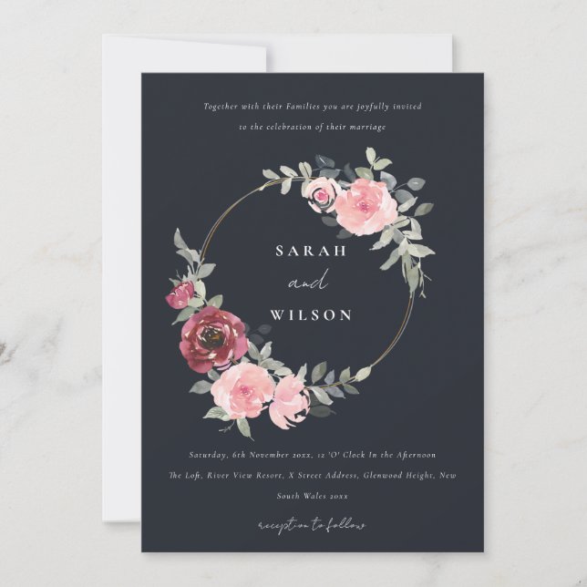 CARTE DE REMERCIEMENTS NOIR BLEU BURGUNDY FLORAL WREATH WEDDING INVITE (Devant)