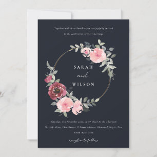 CARTE DE REMERCIEMENTS NOIR BLEU BURGUNDY FLORAL WREATH WEDDING INVITE