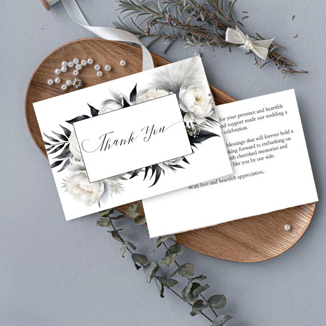Carte De Remerciements Noir et blanc Boho élégant mariage (Black and white boho flowers pampas grass elegant wedding thank you card)