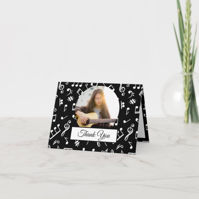 Carte De Remerciements Noir et blanc Note Musicien Motif Photo (Devant)