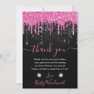 Carte De Remerciements Noir et rose qui dégouline de paillettes Sweet 16