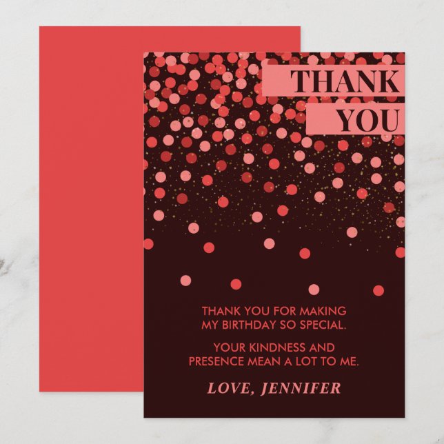 Carte De Remerciements Noir et Rouge Confetti Chic Anniversaire (Devant / Derrière)