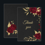 carte de remerciements noir floral d'or bordeaux<br><div class="desc">fleurs bordeaux romantiques et carte de remerciements noir botanique feuille doré. Les détails de la parties scintillant sont simulés</div>
