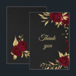 carte de remerciements noir floral d'or bordeaux<br><div class="desc">fleurs bordeaux romantiques et carte de remerciements noir botanique feuille doré. Les détails de la parties scintillant sont simulés</div>