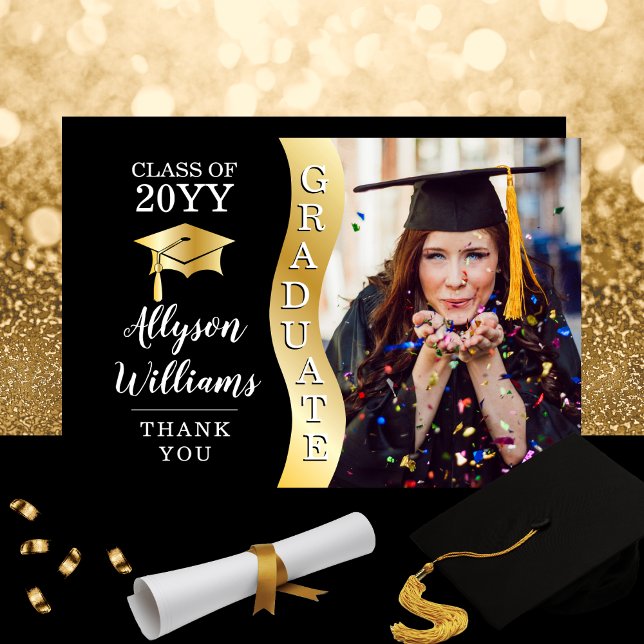 Carte De Remerciements Noir | Gold Graduate Wave Grad Casquette photo (Elegant Black and Gold Tone "Graduate" Wave Grad Cap and Photo Flat Thank You Card)
