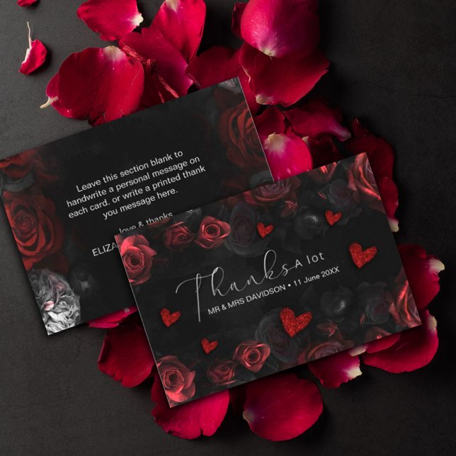 Carte de remerciements noir Moody Florals (Dark Moody Black Red Florals thank you card #darkmoody #roses #zazzlemade #redandblack #message)