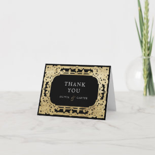 Carte De Remerciements Noir & or élégant mariage romantique