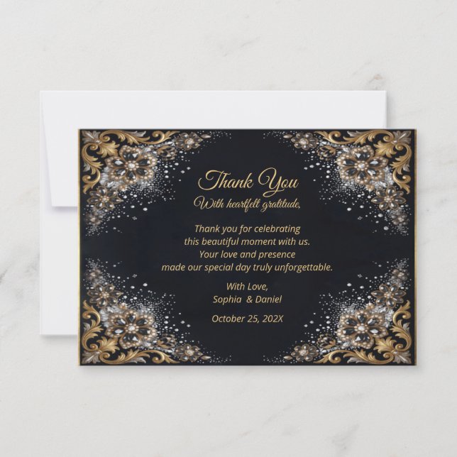 Carte De Remerciements Noir Or Perle Diamant Arc Luxe Formel (Devant)