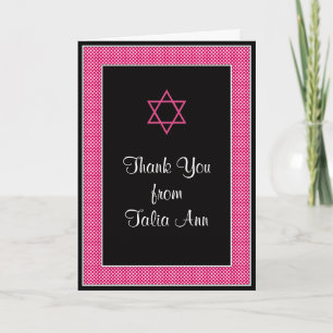 Carte de remerciements noir rose de bat mitzvah de