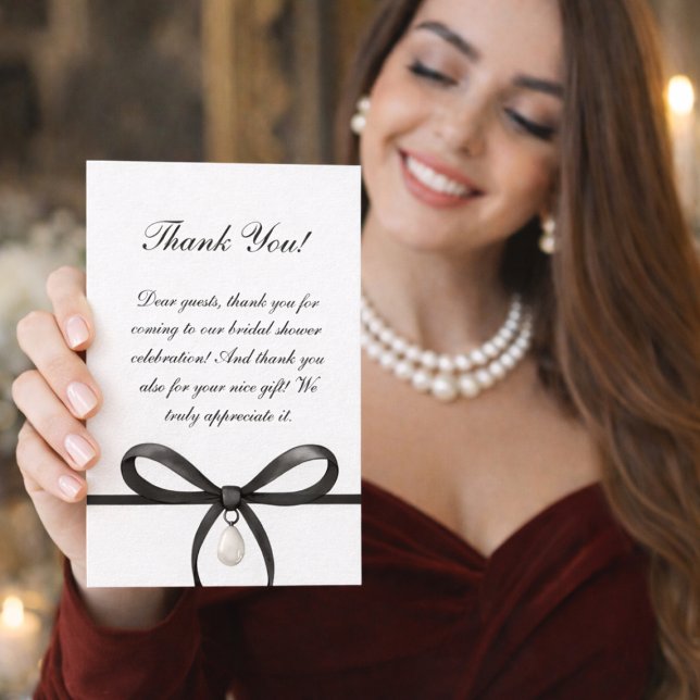 Carte De Remerciements Noir Ruban Avec Perle Ancien Style Argent Mariage  (Black Bow With Pearl Old Money Style Bridal Shower Thank You Card)