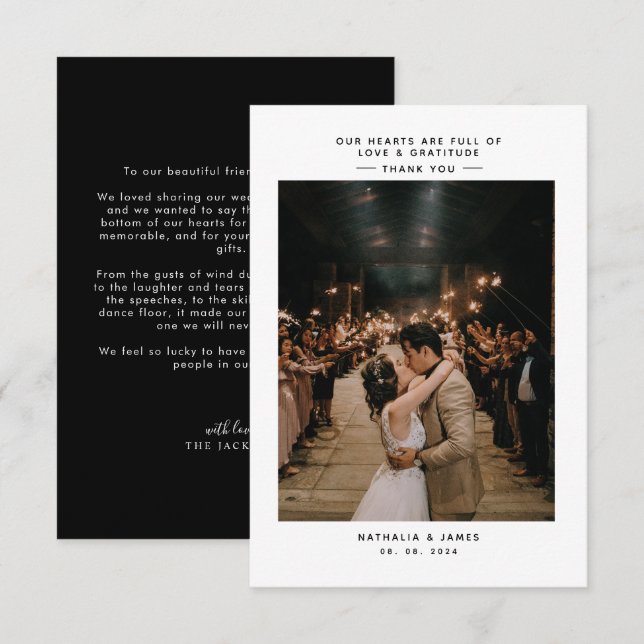 Carte De Remerciements Noir simple élégant avec Mariage photo (Devant / Derrière)