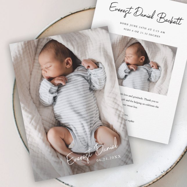 Carte De Remerciements Nom de bébé Photo Bébé écriture moderne  (Simple Script Photo Baby Thank You Cards.)