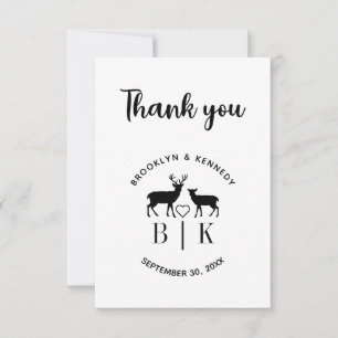 Carte De Remerciements Nom de couple Deer Monogram Mariage campagnard rus