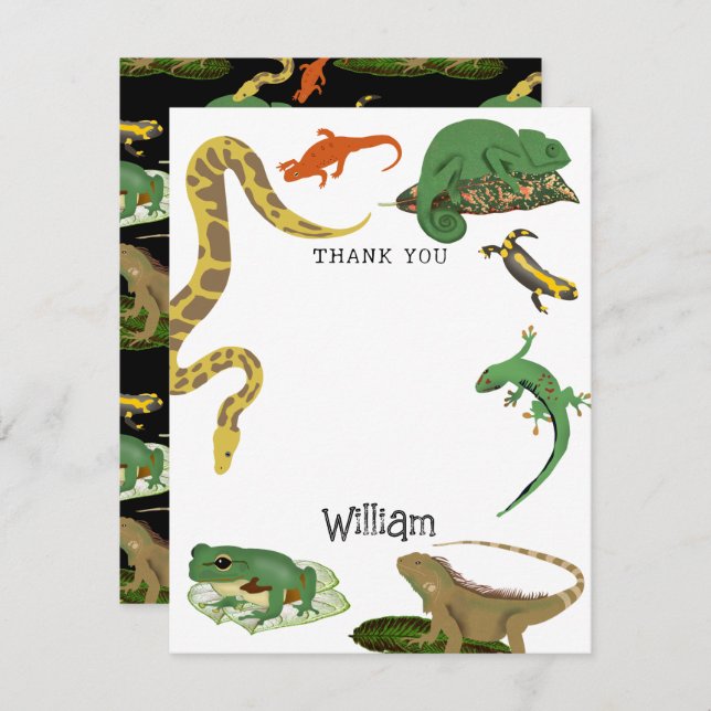 Carte De Remerciements Nom des enfants Reptiles, Lézards & Amphibiens (Devant / Derrière)