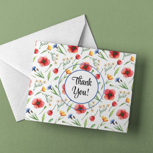 Carte De Remerciements Nom, Fleurs sauvages Pavots rouges Boutons d'or ja