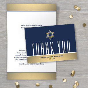 Carte De Remerciements Nom hébreu Bar Mitzvah Modern Navy Blanc & Or