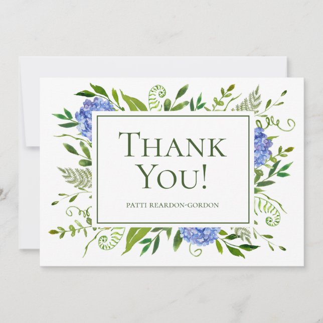 Carte De Remerciements Nom Hydrangeas Bleues Aquarelle (Devant)