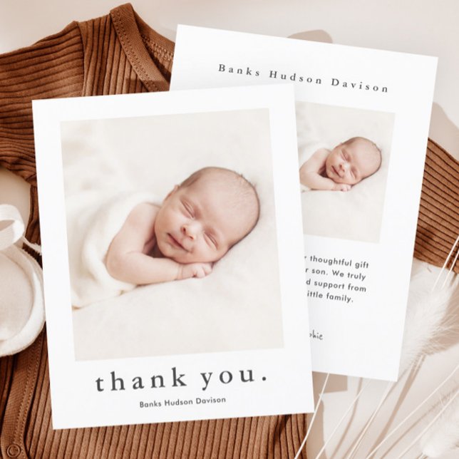 Carte De Remerciements Nom moderne 2 Photo Baby (Simple typography baby photo thank you card.)