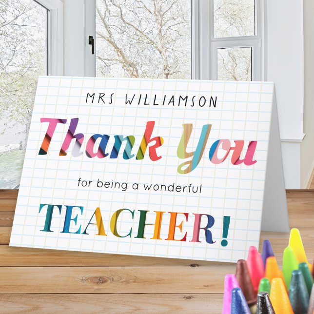 Carte De Remerciements Nom personnalisé coloré de l'enseignant (A colorful card with 'Thank you for being a wonderful teacher' message, personalized with a name)