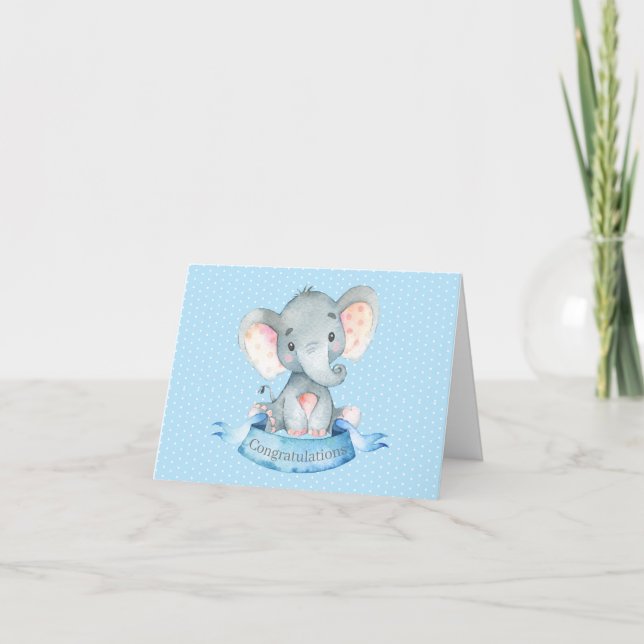 Carte De Remerciements Nom personnalisé Elephant Baby Boy Blue and Grey (Devant)