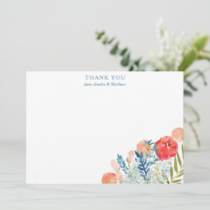 Carte De Remerciements Nom personnalisé floral aquarelle bleu pêche rouge