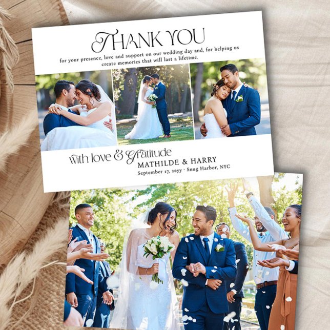 Carte De Remerciements Nostalgique - Type Full Bleed et bande de photo de (Wedding Thank You Card with Photo Strip and Romantic Nostalgic Typeface)