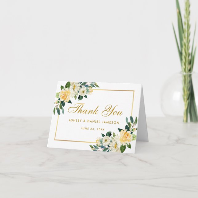 Carte De Remerciements Note blanche florale de mariage d'or jaune (Devant)