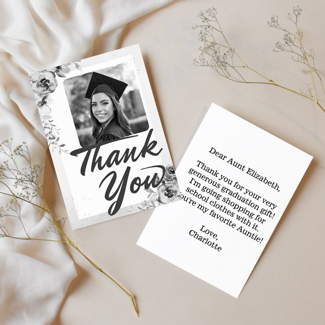 Carte De Remerciements Note de coeur Tante Diplôme Photo Floral (Graduation Thank You Card)